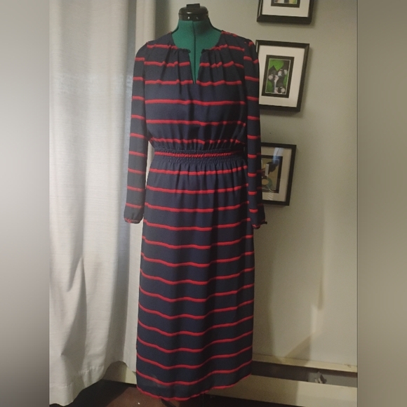 FRNCH Navy and Red Painterly Striped Maxi Dress, Sz L - Picture 12 of 12